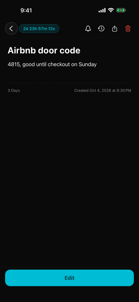 A note titled Airbnb door code with a live countdown of 2 days 23 hours in its header