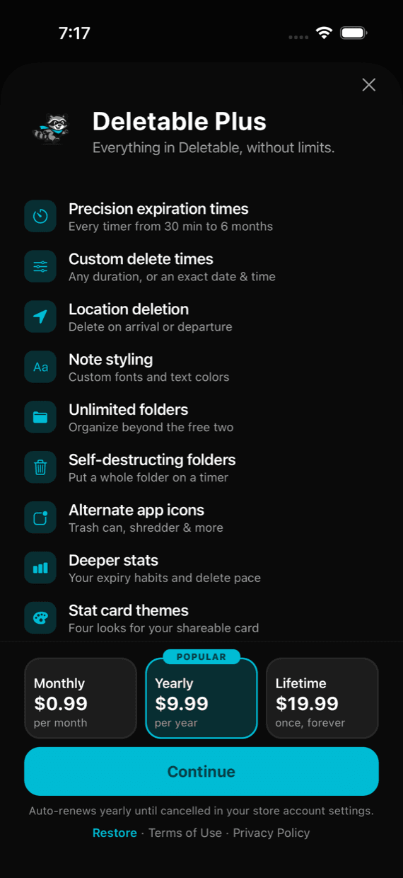 The Deletable Plus screen inside the app, listing the nine Plus features above Monthly, Yearly and Lifetime pricing