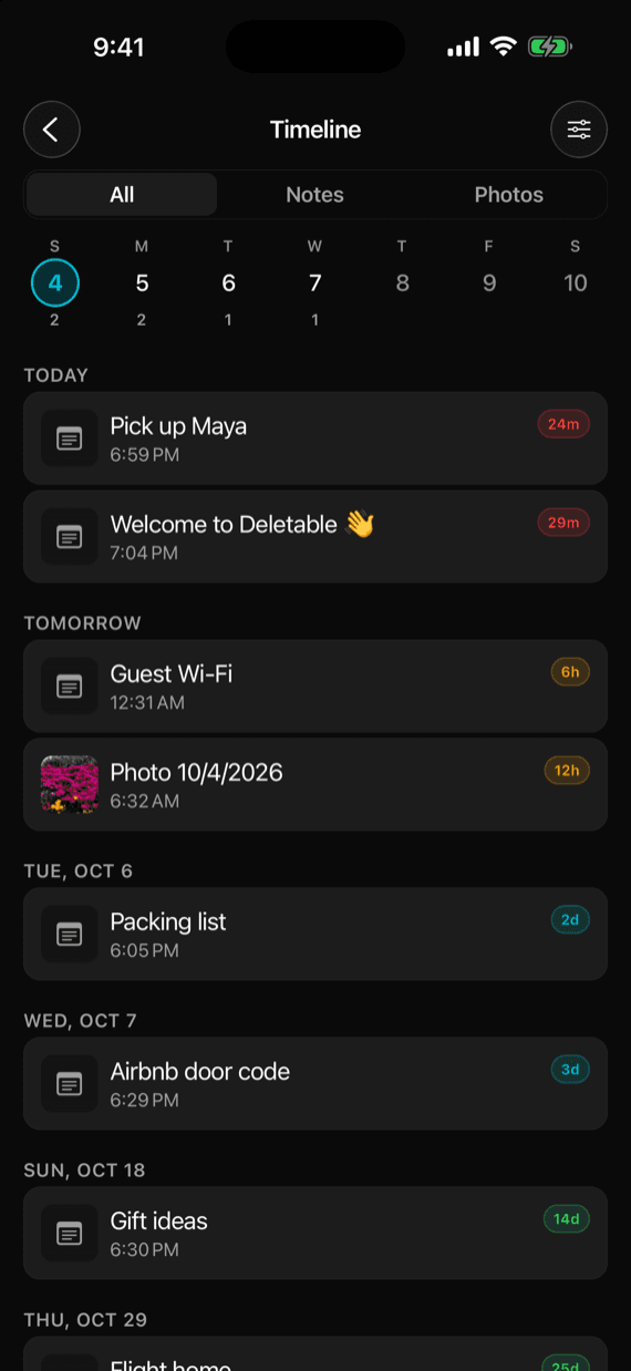 The deletion timeline, with a week strip above notes grouped by the day they delete
